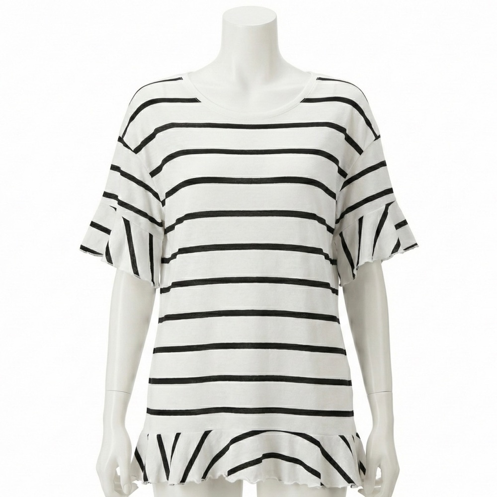Chaser White Black Striped Ruffle Hem Top Flutter Sleeve Tulip Back Medium